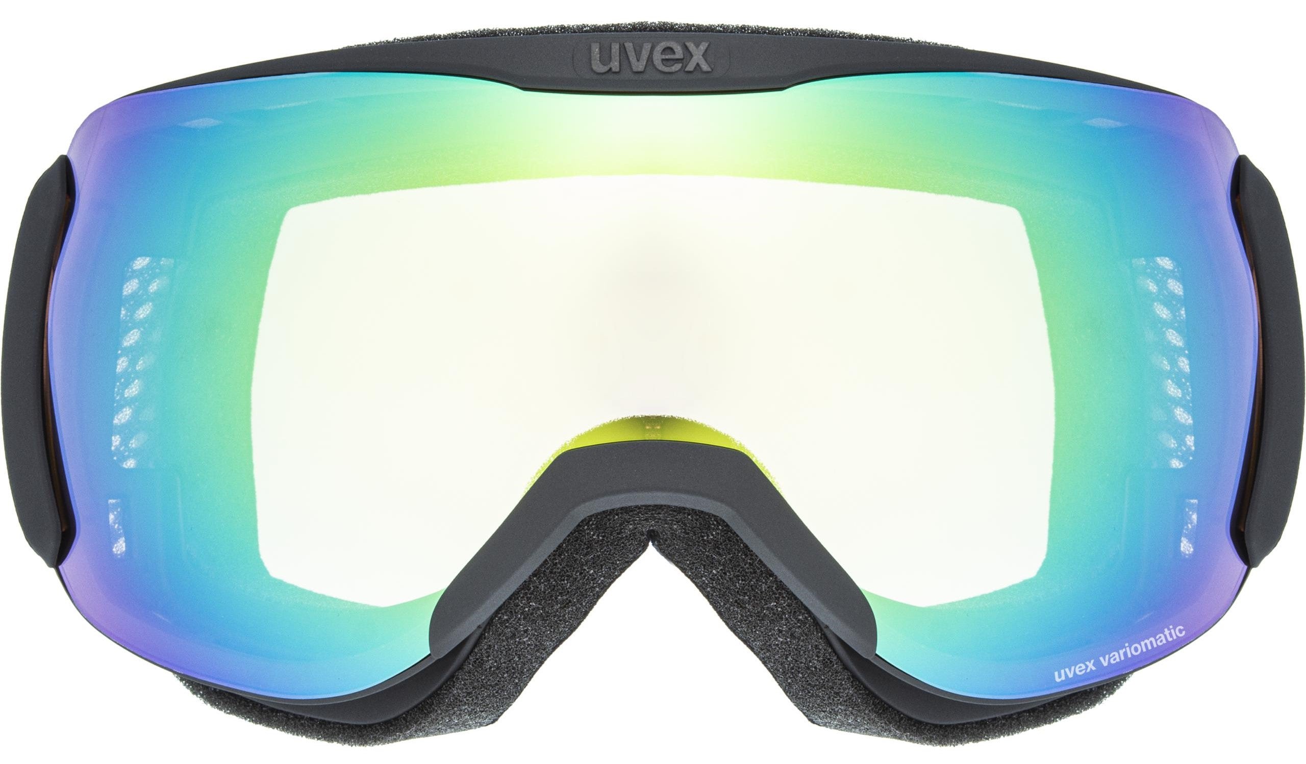 uvex Downhill 2100 V Goggles Skibrille Snowboardbrille Brille Scheibe: vario green mirror S1-3 - Deck: clear - double lens spheric - black matt j22