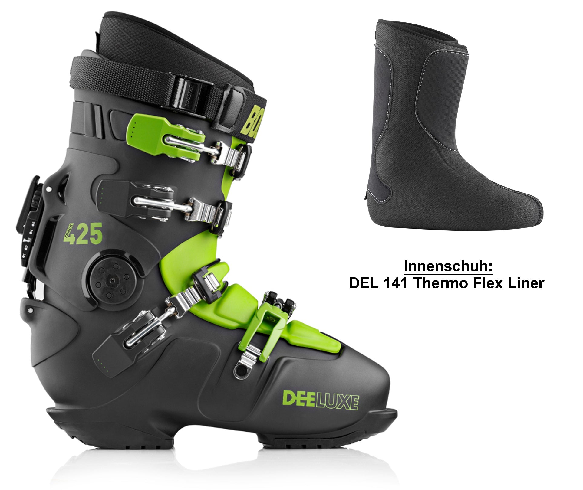 Deeluxe TRACK 425 PRO Hardboot Schwarz Grün DEL141-Palau Innenschuh Optional Intec Absatz
